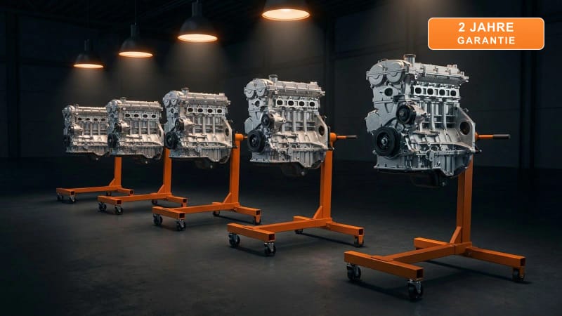 Werksneue Austauschmotoren auf orangen Motorständern im Lager